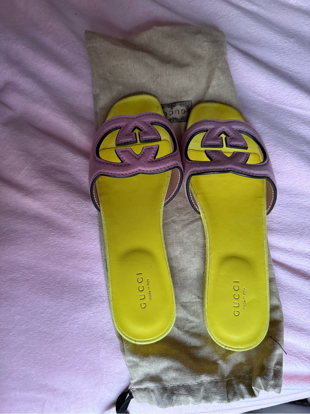 Gucci Yellow and Pink Interlocking GG Slide Sandals 37
